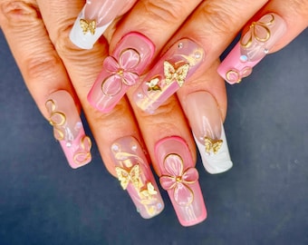 Pink Butterfly Blossom Press-On Nails | Gold 3D Floral Luxury Long Square Set