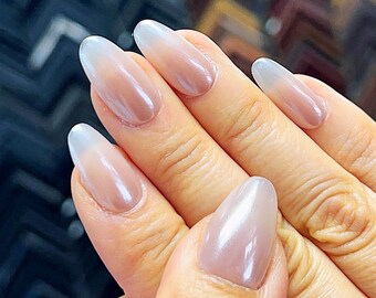 Milky White Pearl Glazed Press On Nails: Iridescent Almond Faux Nails
