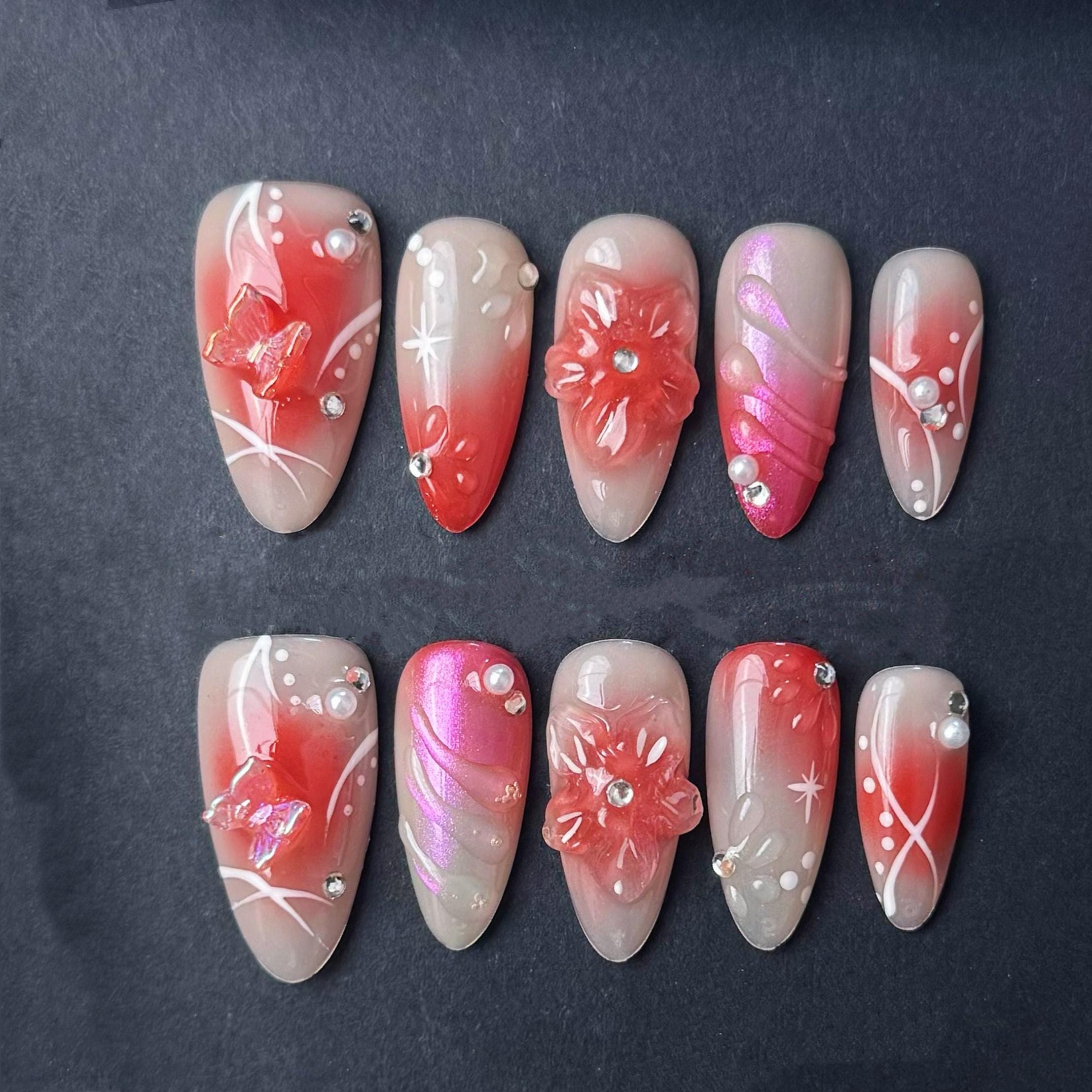 P071  Red Blossom Fantasy Press On Nails – 3D Floral and Swirl Design with Rhinestones