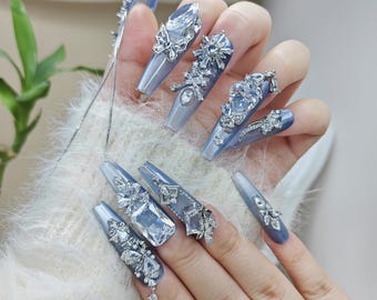 Icy Blue Press-on Nails: 3D Rhinestone Winter Glam Luxury Nails - Etsy