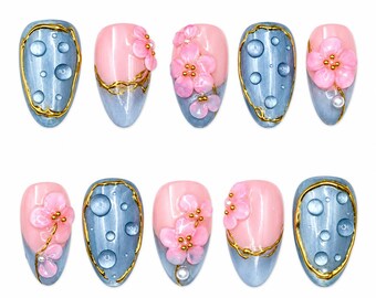 3D Blue Floral Water Droplet Press-On Nails - Metallic Aura Nail Art, Cyberpunk Style, Almond-Pear Shape,