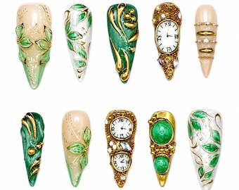 Luxury Green Gold Press On Nails, 3D Clock & Botanical Nails, Art Nouveau Inspired Long Stiletto Statement Nails