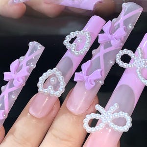Lavender Balletcore Press-On Nails with Bows & Pearls – Lace-Up Ribbon Nail Set Artificial reusable fake glue on manicure nails art