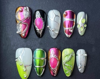 Chrome Cat-Eye Press On Nails: Alien Core Futuristic Nail Set