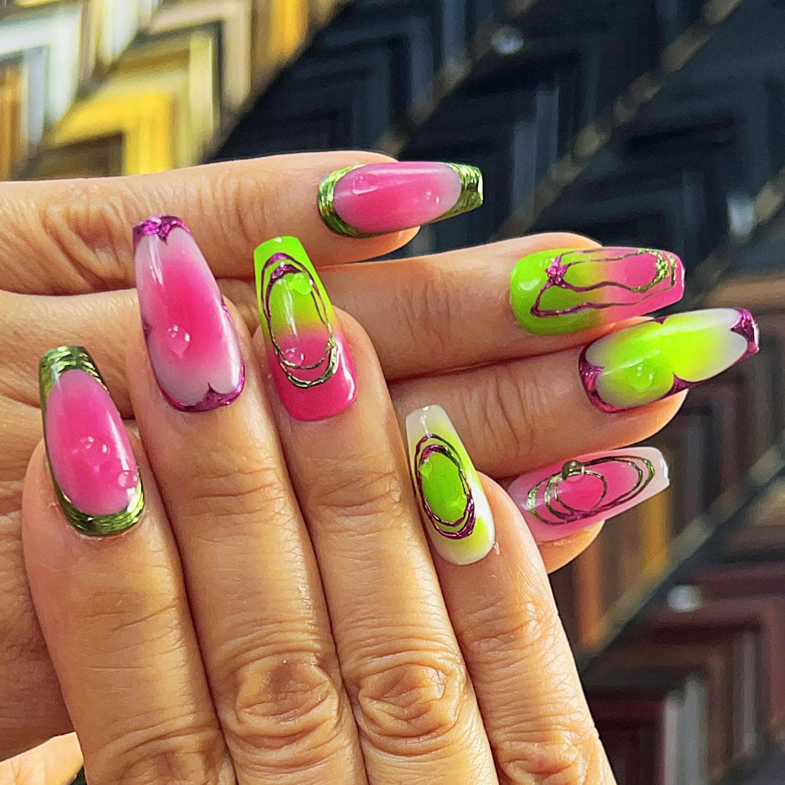 Neon Aura Almond Nails with 3D Flair