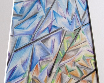 Original Pastel Painting Drawing Cubist Abstract w/ Blue, Purple, Orange & Grays Framed Wall Art 21 5/8&quot; x 18&quot; Artist CohAn