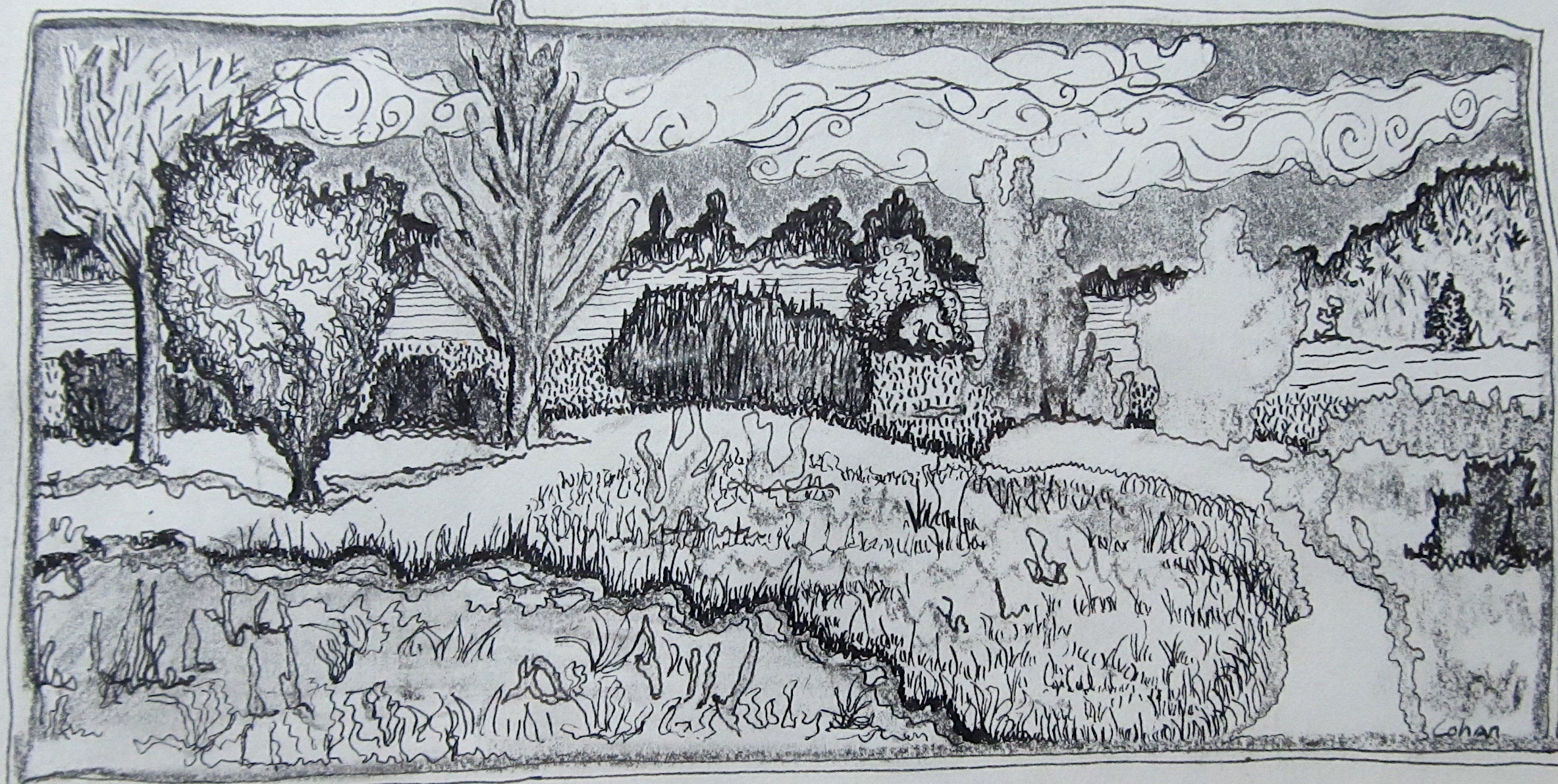 Original CohAn Drawing - Woodstock Meadow # 2 - 10 1/4" x 12 7/8" - Pen and Ink, Pencil, Conte Crayon - Part of Art Show