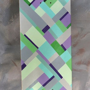 Hand-Painted Wooden Skateboard Deck by Artist CohAn - Geometric Abstract Design Acrylic Paint