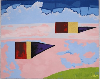 Abstract Surreal Original Painting signed CohAn Acrylic on Canvas Board 8" x 10" Landscape Painting