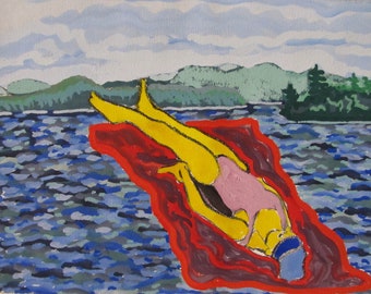 Gouache Painting Titled &quot;Figure on a Beach&quot; - Speculator, NY - Adirondack Mountains - Original Art by CohAn