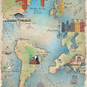 Faire-part de mariage sur le thème du voyage avec passeport et carte dessinée à la main