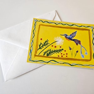 Handgeschilderde kaart met vogels en bloemen – wenskaart acrylkunst, op de natuur geïnspireerd