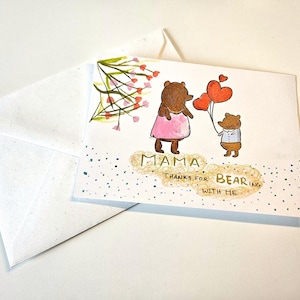 Cartão de Dia das Mães pintado à mão – Ilustração de urso fofo, arte em acrílico, cartão engraçado para mãe “Obrigado por me suportar”, opção de texto personalizado