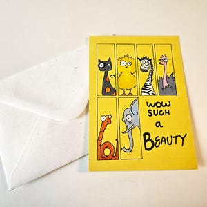 "Handgemalte lustige Tierkarte - ""Wow Such a Beauty"" - Grußkarte mit individuellem Text, Acrylkunst, handgemachte Grußkarte ""Wow, Sucht eine Schönheit"", personalisierte Botschaftskarte."