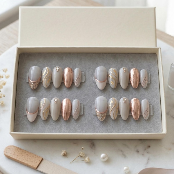 Rose Gold Chrome Press On Nails | Luxury Bridal Wedding Nail Art | Elegant Grey and White Fake Nails | Abstract 3D Swirl Nails