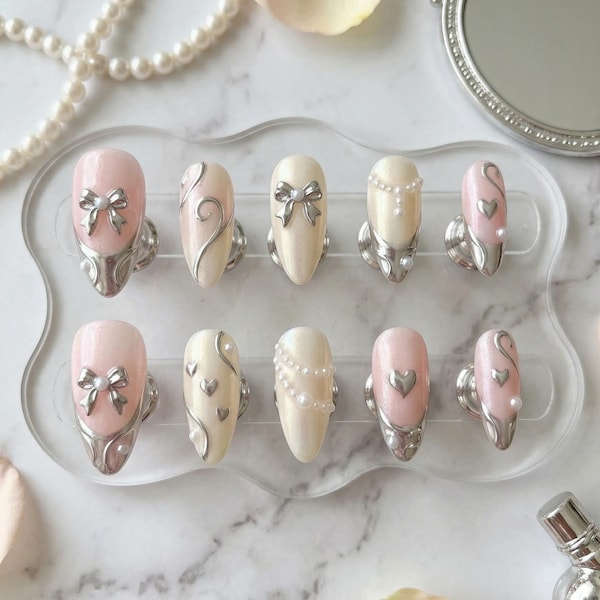 Handmade Pink and Pearl White Coquette Press On Nails | Silver Ribbon Bow and Heart Details | Elegant Chrome French Tip False Nails