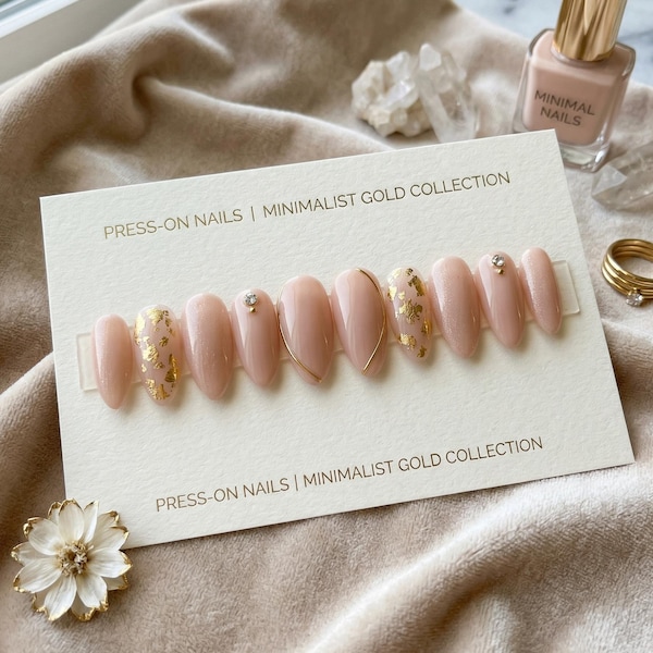 Minimalist Gold Collection Press On Nails, Nude Pink Luxury False Nails with Gold Foil, Elegant Neutral Glue On Nails, Classy Daily Nails