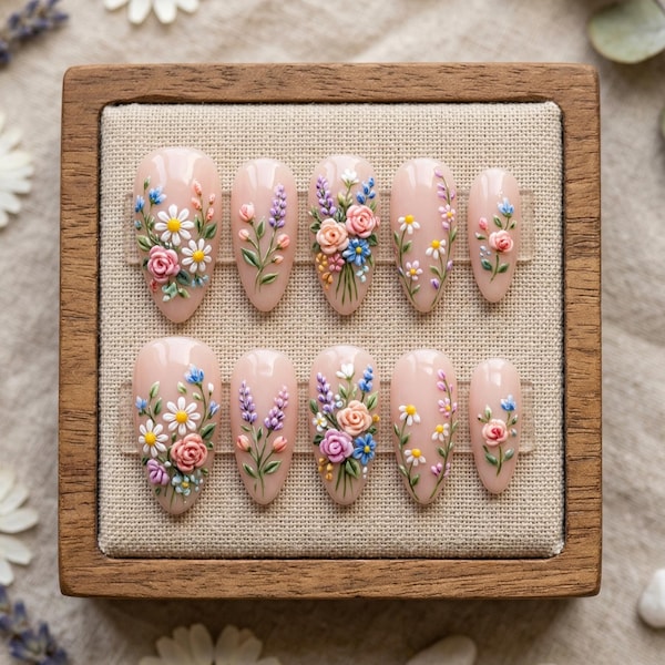 3D Embossed Floral Press On Nails | Almond Nude False Nails with Daisy, Rose, Lavender, and Wildflower Art | Cottagecore&Fairycore Aesthetic