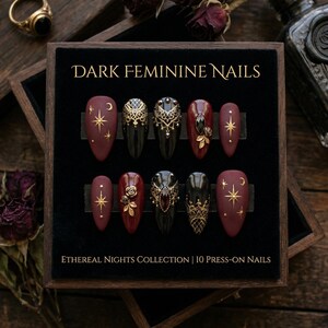 Dark Feminine Press On Nails | Ethereal Nights Gothic Luxury Fake Nails | Burgundy and Black Glue On Nails | Gold Celestial Moon Stars Nails