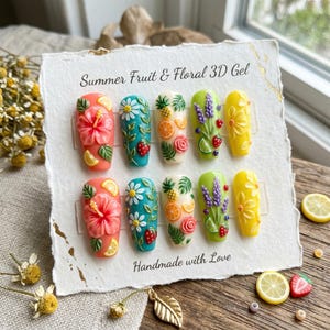 Summer Fruit Floral Press On Nails Luxury Handcrafted Fake Nails: 3D Gel Coffin Nails Colorful Tropical Vacation Summer Nails