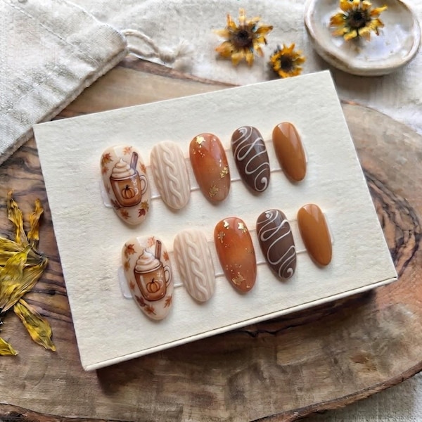 Fall Press On Nails, Pumpkin Spice Gel Nails, Autumn Coffee False Nails, Cozy Knit Nail Art Set, Thanksgiving Manicure