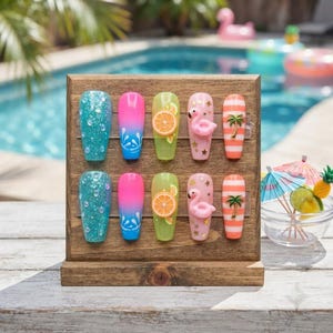 Flamingo Press On Nails 3D Summer Manicure Pool Party Fake Nails Tropical Vacation Gel Nails Bright Citrus Fruit Art Coffin Faux Nails,