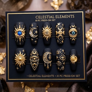 Celestial Elements Press On Nails | Black&Gold Sun Moon Nails | Mystical Evil Eye Fake Nails | 3D Gold Gothic Nails | Witchy Astrology Nails
