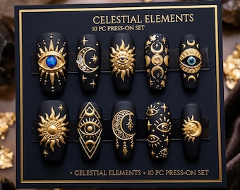 Uñas postizas con elementos celestiales / Uñas con sol y luna en negro y dorado / Uñas postizas místicas con ojo turco / Uñas góticas doradas 3D / Uñas con astrología de bruja