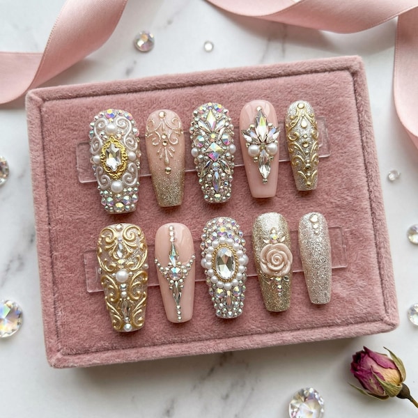 Luxury Bridal Press On Nails | Full Rhinestone & Crystal Fake Nails | Gold Baroque Artisan Nails | Pearl Royal Wedding Nails