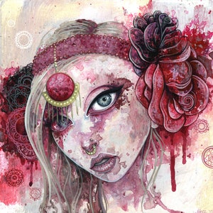 May include: A painting of a woman with long blonde hair, wearing a red headband and a large red rose behind her ear. Her face is painted with a soft, watercolor style, and she has a nose ring. The background is a soft pink and white with splashes of red.