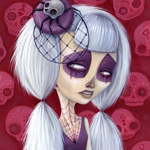 May include: A digital painting of a girl with white hair, wearing a purple dress and a spider hat. She has a sugar skull makeup design and is surrounded by pink sugar skulls.