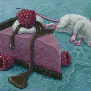 May include: A painting depicts a slice of raspberry cheesecake with chocolate drizzle, whipped cream, and fresh raspberries. A white mouse lies next to the dessert on a teal patterned background. The artwork is signed "Megz'95".