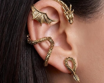 Pendiente tipo brazalete con forma de dragón, pendiente de serpiente alada de acero inoxidable, oro antiguo, negro y plata.