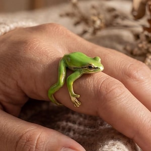 Könnte beinhalten: Ein grüner Froschring mit detailliertem Design. Der Frosch ist auf einem Finger positioniert und zeigt seine Beine und seinen Körper. Der Ring ist ein einzigartiges Schmuckstück.