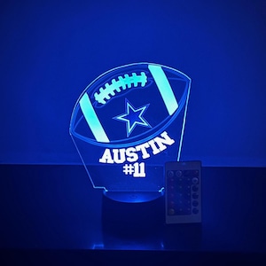 LED Sports Football Team Player Fan Night Light Table Lamp, Featuring 16 Color Lights, Includes Top, Base, Cord & Remote - Personalized Free