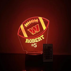 LED Sports Football Team Player Fan Night Light Table Lamp, Featuring 16 Color Lights, Includes Top, Base, Cord & Remote - Personalized Free