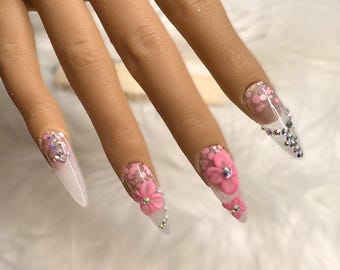 Acrylic Flower nails in stiletto