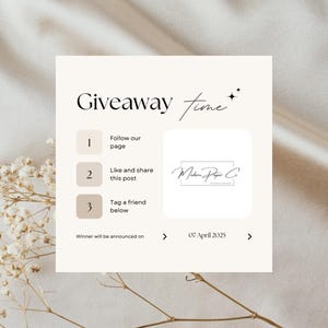 Puede incluir: Un anuncio de sorteo con un fondo beige y un cuadrado blanco con el texto "Giveaway Time" en negro. El cuadrado también incluye una lista de tres pasos para participar en el sorteo: 1. Sigue nuestra página, 2. Dale me gusta y comparte esta publicación, 3. Etiqueta a un amigo a continuación. El sorteo está organizado por Modern Paper Co. y el ganador se anunciará el 7 de abril de 2025.