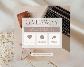 May include: A giveaway graphic with a laptop, a leather wallet, and a white background. The text reads "GIVEAWAY ENTER TO WIN A FREE BRANDING CONSULTATION". There are three icons below the text: a heart, a speech bubble, and a curved arrow. The text below the icons reads "Like this post", "Tag a friend in the comments", and "Repost on your story". The graphic also includes the text "@MODERNPAPERCODESIGNS".