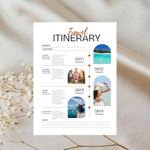 Puede incluir: Una plantilla de itinerario de viaje con fondo blanco y acentos marrones. El itinerario incluye cuatro días de actividades con destinos y horarios. La plantilla presenta imágenes de playas, templos y personas disfrutando de sus vacaciones.
