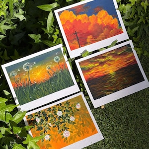 Juego de 4 postales en gouache pintadas a mano: miniarte de paisajes al atardecer. Pinturas originales en miniatura hechas a mano.