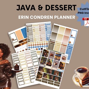 Könnte beinhalten: Eine Sammlung von Erin Condren Planer-Stickern mit Kaffee- und Dessert-Thema. Die Sticker zeigen Illustrationen von Kaffeetassen, Kuchen und einer Frau in einem braunen Kleid. Der Text "JAVA & DESSERT" und "CutFiles & PNG Included" sind sichtbar.