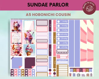 Lodziarnia Hobonichi Cousin | Zestaw naklejek do druku na 5 tygodni | Motyw lodów