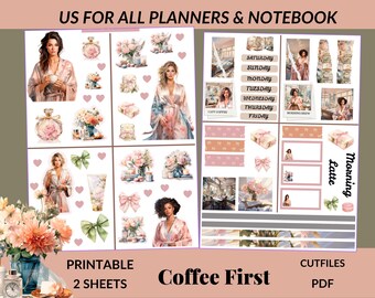 Coffee First Sticker Sheet| 2 Printable Planner for bullet Notebook| Happy Planner| Erin Condren| Journal