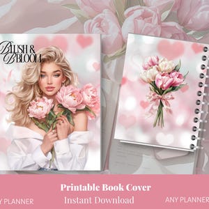 May include: Two printable book covers. One features a woman with blonde hair holding pink peonies, the other a bouquet of pink and white tulips tied with a pink ribbon. The covers have a pink and white background with hearts.