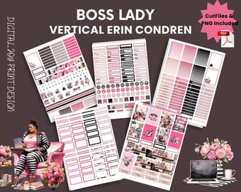 May include: A collection of planner stickers in shades of pink, gray, and black, with the text "BOSS LADY VERTICAL ERIN CONDREN." The stickers include various designs, such as boxes, circles, and illustrations of accessories. The image also includes a PDF icon.
