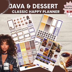 Könnte beinhalten: Ein digitales Planer-Kit mit dem Text "JAVA & DESSERT CLASSIC HAPPY PLANNER". Das Kit enthält Stickerbögen mit Kaffee- und Dessertmotiven sowie eine digitale Illustration einer Frau, die eine Tasse hält. Eine Tasse Kaffee und ein Stück Schokoladenkuchen sind ebenfalls abgebildet.