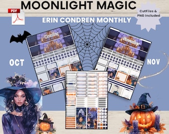 Moonlight & Magic Monthly Sticker Kit | Erin Condren Monthly Planner Stickers | Halloween Theme | Printable Digital Download