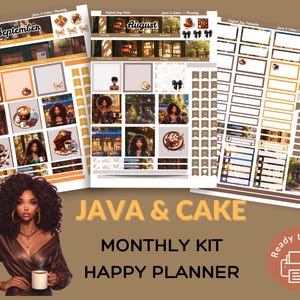 Könnte beinhalten: Ein Planer-Kit mit einem braunen und goldenen Thema, mit dem Text "Java & Cake" und "Monthly Kit Happy Planner". Das Kit enthält monatliche Kalenderseiten für August und September sowie dekorative Aufkleber.