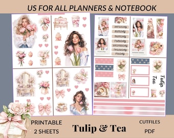 Tulpen und Tee druckbares Aufkleber Blatt |  Planer für Planer, Journal und Notizbücher